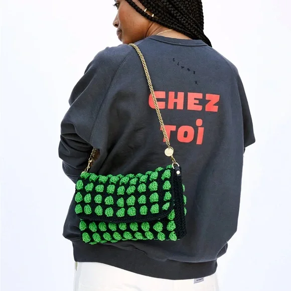 Clare V. Black Green Knit Convertible Clutch w Tabs Bag NWT Crochet Claudette - Picture 5 of 5